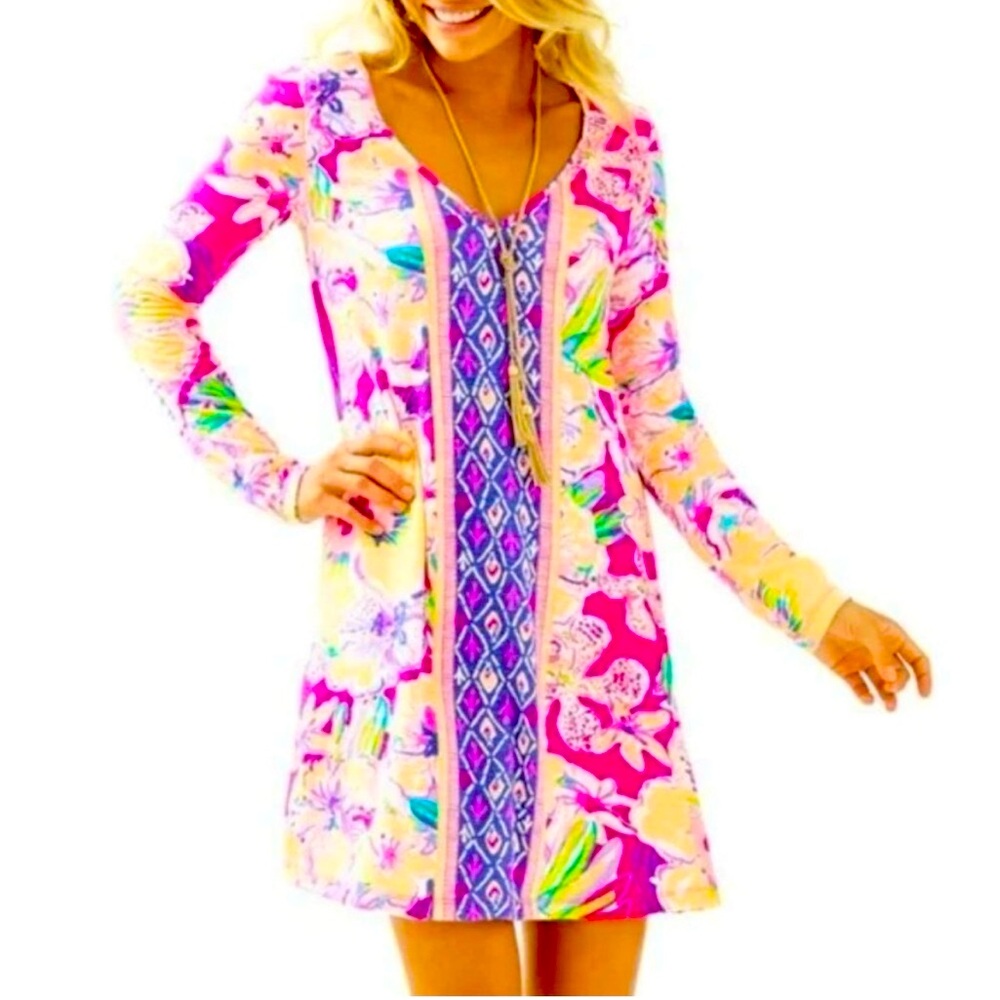 Lilly Pulitzer Pink Peach‎ Paradis Long Sleeve Floral Cotton Swing Dress